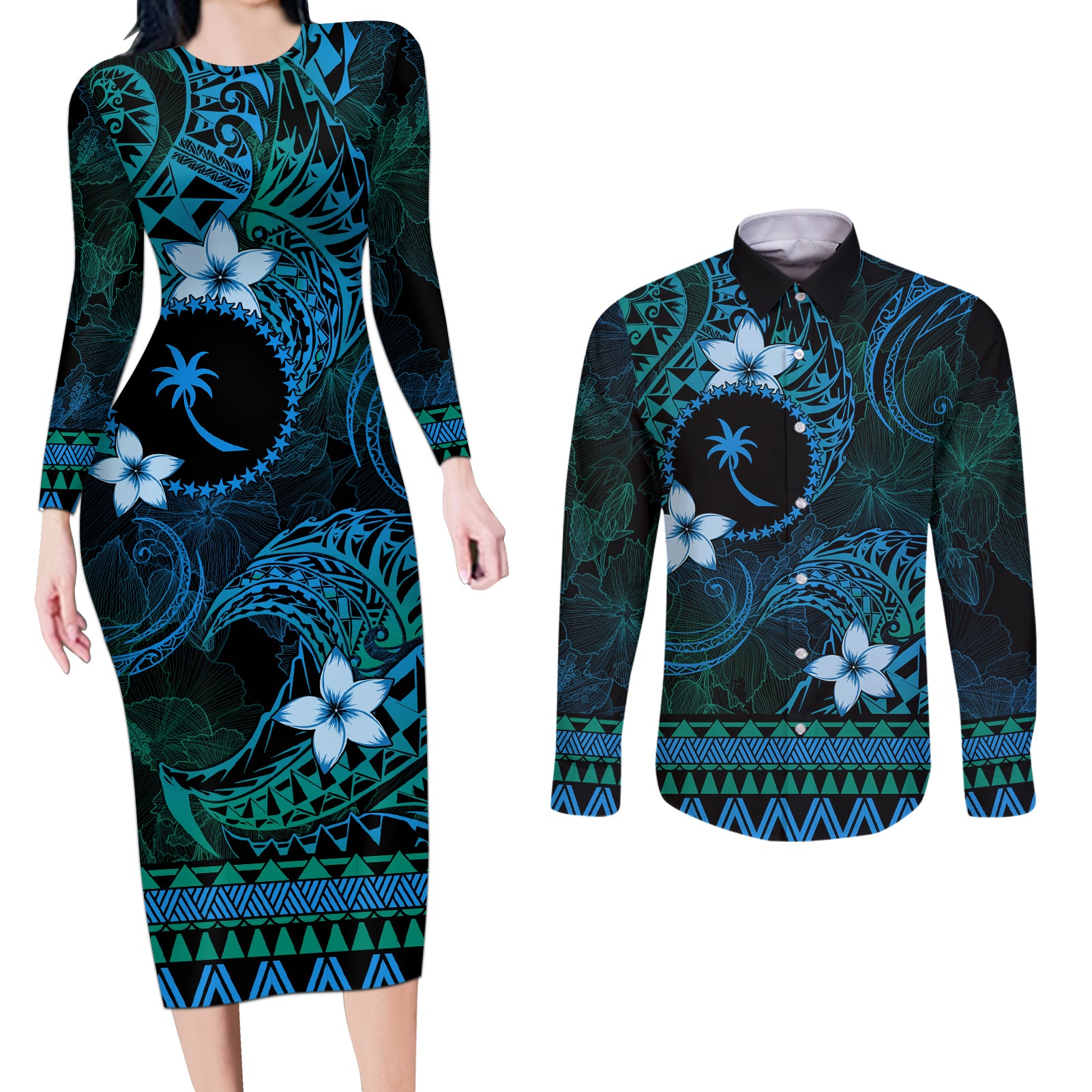 FSM Chuuk State Couples Matching Long Sleeve Bodycon Dress and Long Sleeve Button Shirt Tribal Pattern Ocean Version LT01 Blue - Polynesian Pride