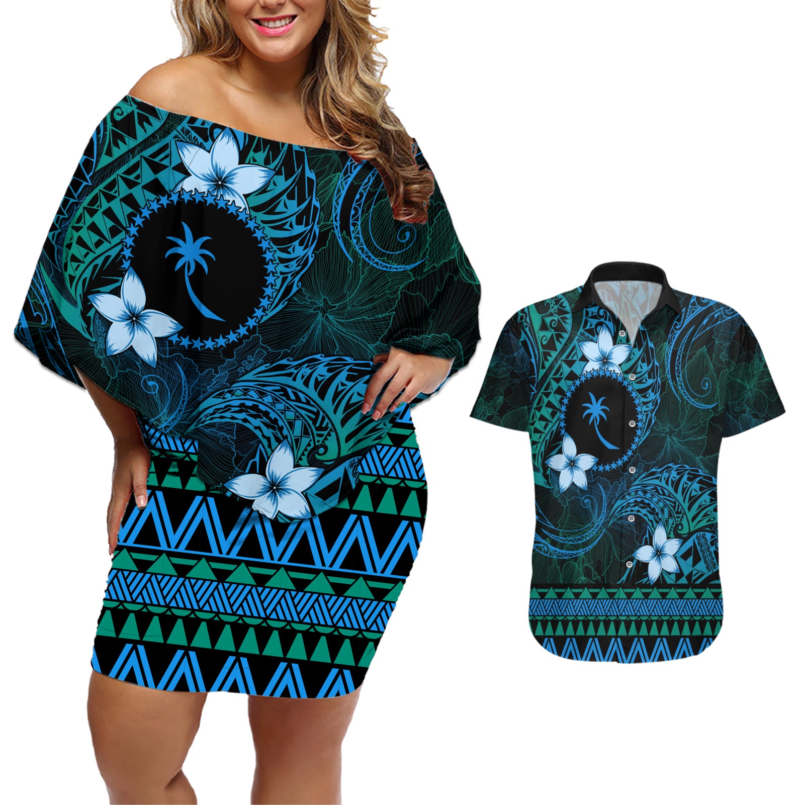FSM Chuuk State Couples Matching Off Shoulder Short Dress and Hawaiian Shirt Tribal Pattern Ocean Version LT01 Blue - Polynesian Pride