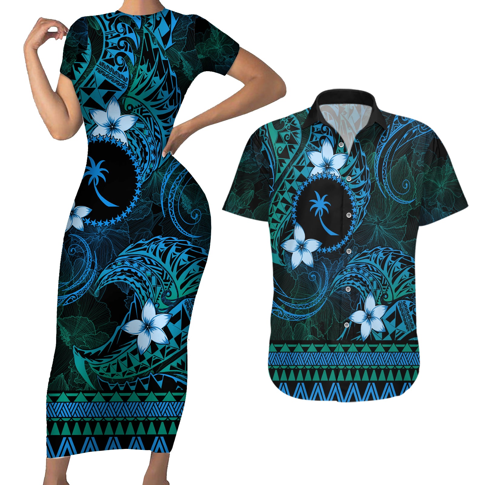 FSM Chuuk State Couples Matching Short Sleeve Bodycon Dress and Hawaiian Shirt Tribal Pattern Ocean Version LT01 Blue - Polynesian Pride