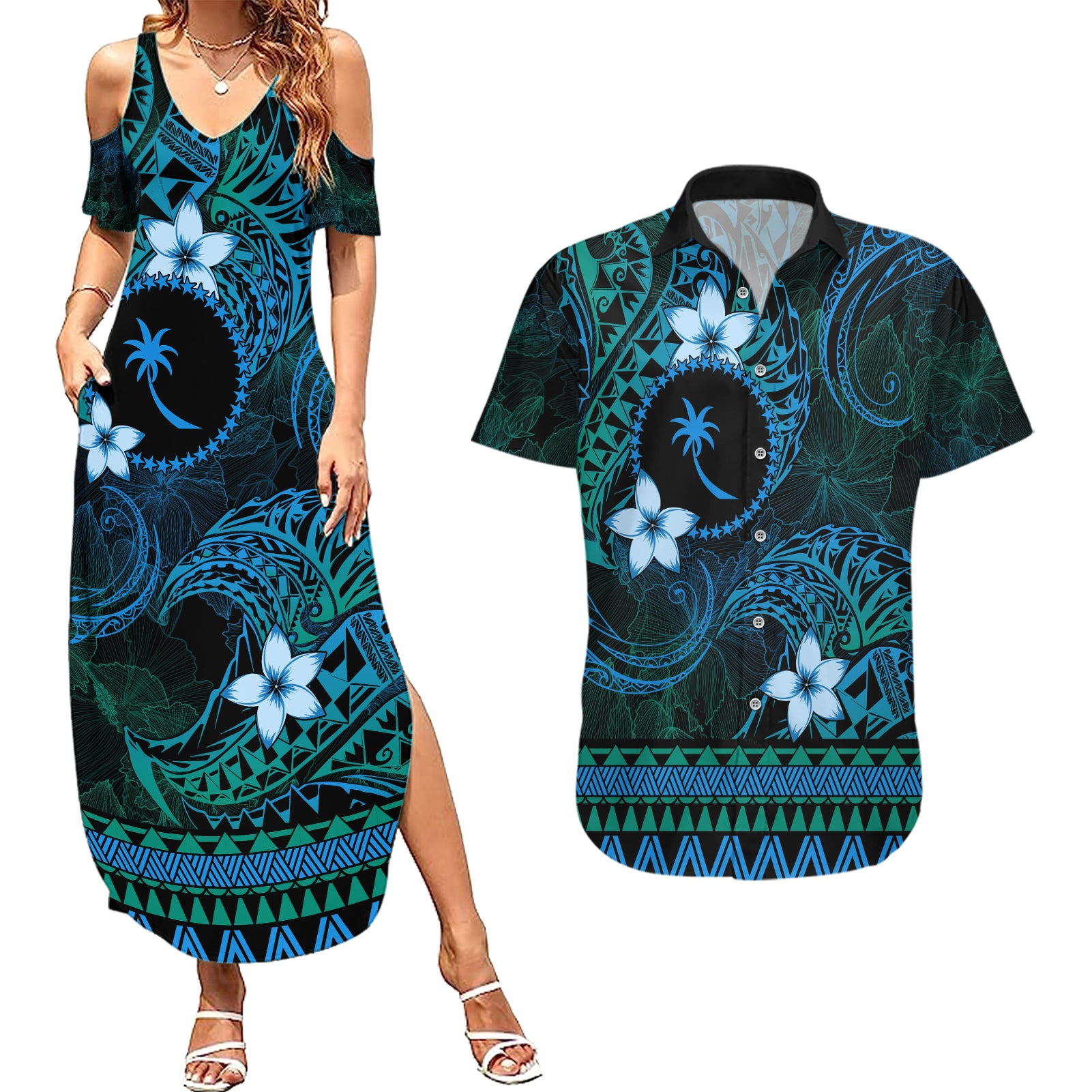 FSM Chuuk State Couples Matching Summer Maxi Dress and Hawaiian Shirt Tribal Pattern Ocean Version LT01 Blue - Polynesian Pride