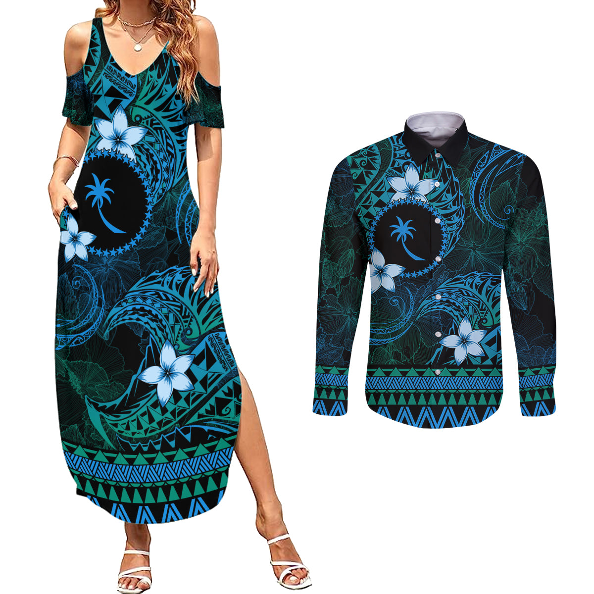 FSM Chuuk State Couples Matching Summer Maxi Dress and Long Sleeve Button Shirt Tribal Pattern Ocean Version LT01 Blue - Polynesian Pride