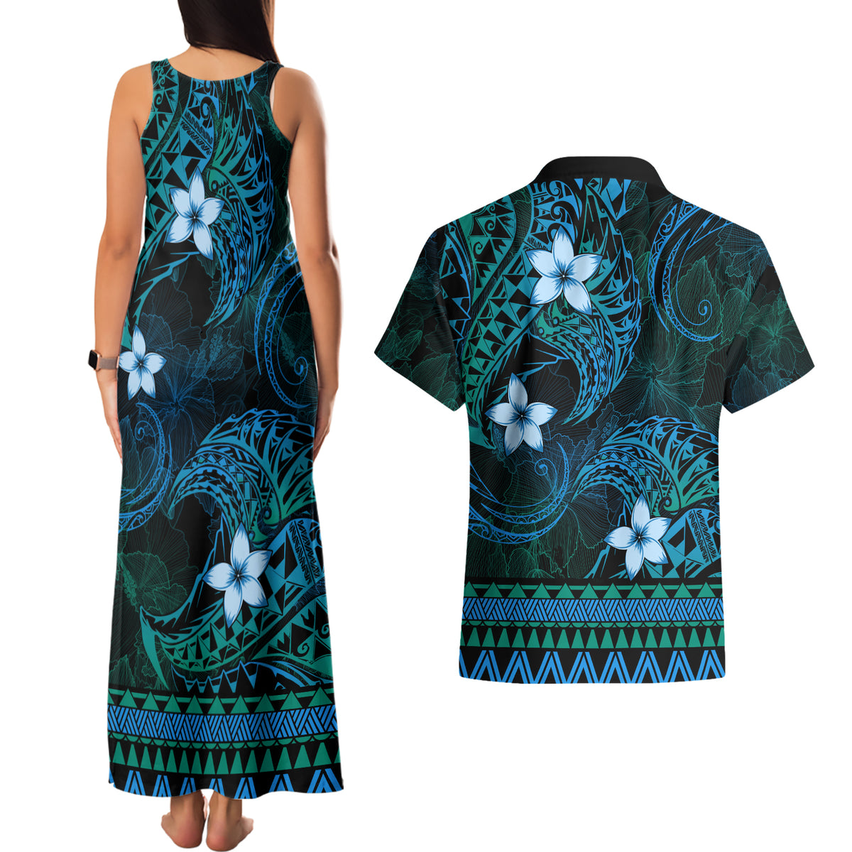 FSM Chuuk State Couples Matching Tank Maxi Dress and Hawaiian Shirt Tribal Pattern Ocean Version LT01 - Polynesian Pride