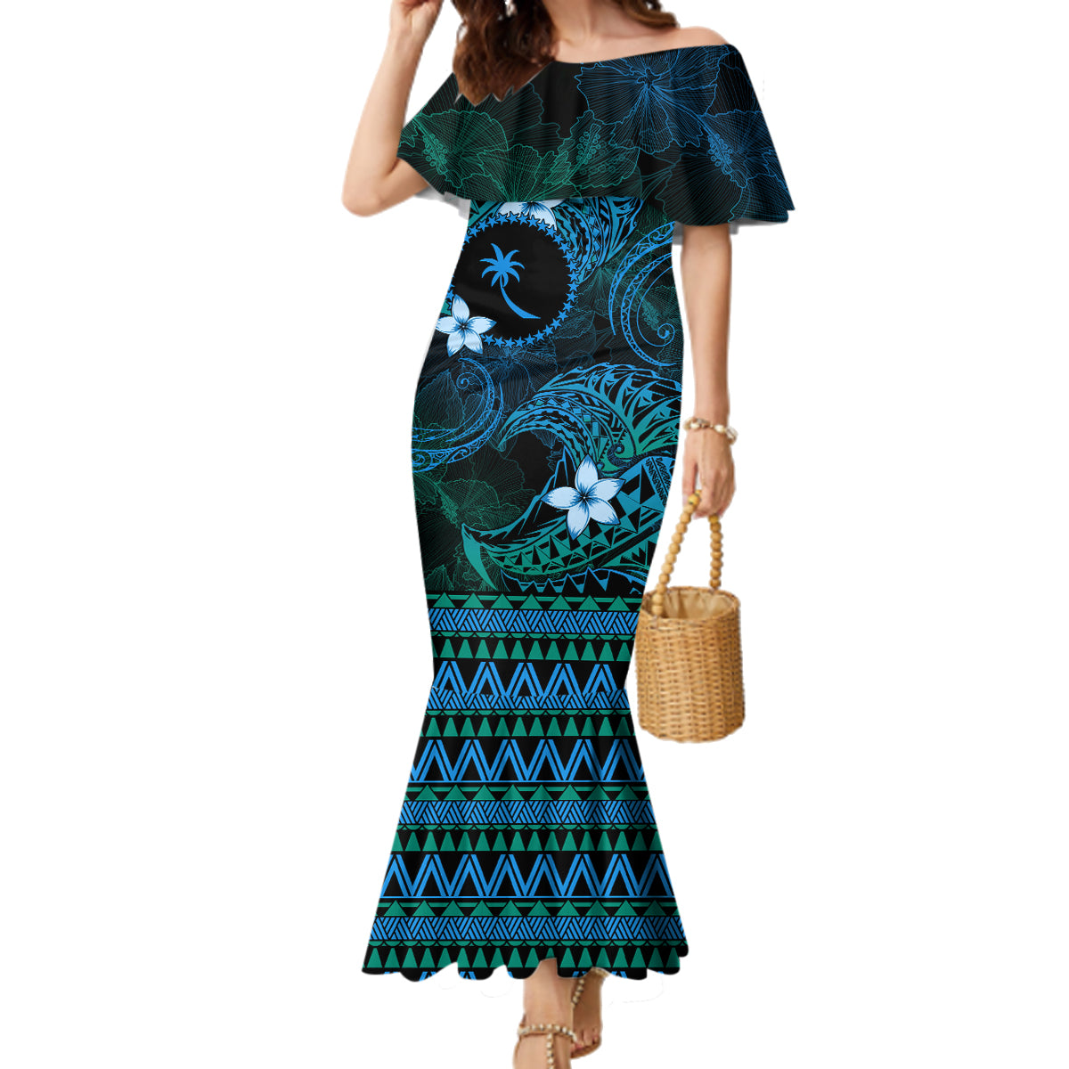 FSM Chuuk State Family Matching Mermaid Dress and Hawaiian Shirt Tribal Pattern Ocean Version LT01 Mom's Dress Blue - Polynesian Pride