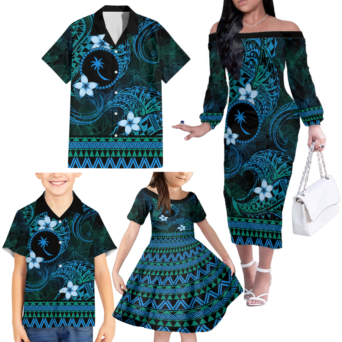 FSM Chuuk State Family Matching Off Shoulder Long Sleeve Dress and Hawaiian Shirt Tribal Pattern Ocean Version LT01 - Polynesian Pride