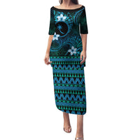 FSM Chuuk State Family Matching Puletasi and Hawaiian Shirt Tribal Pattern Ocean Version LT01 Mom's Dress Blue - Polynesian Pride