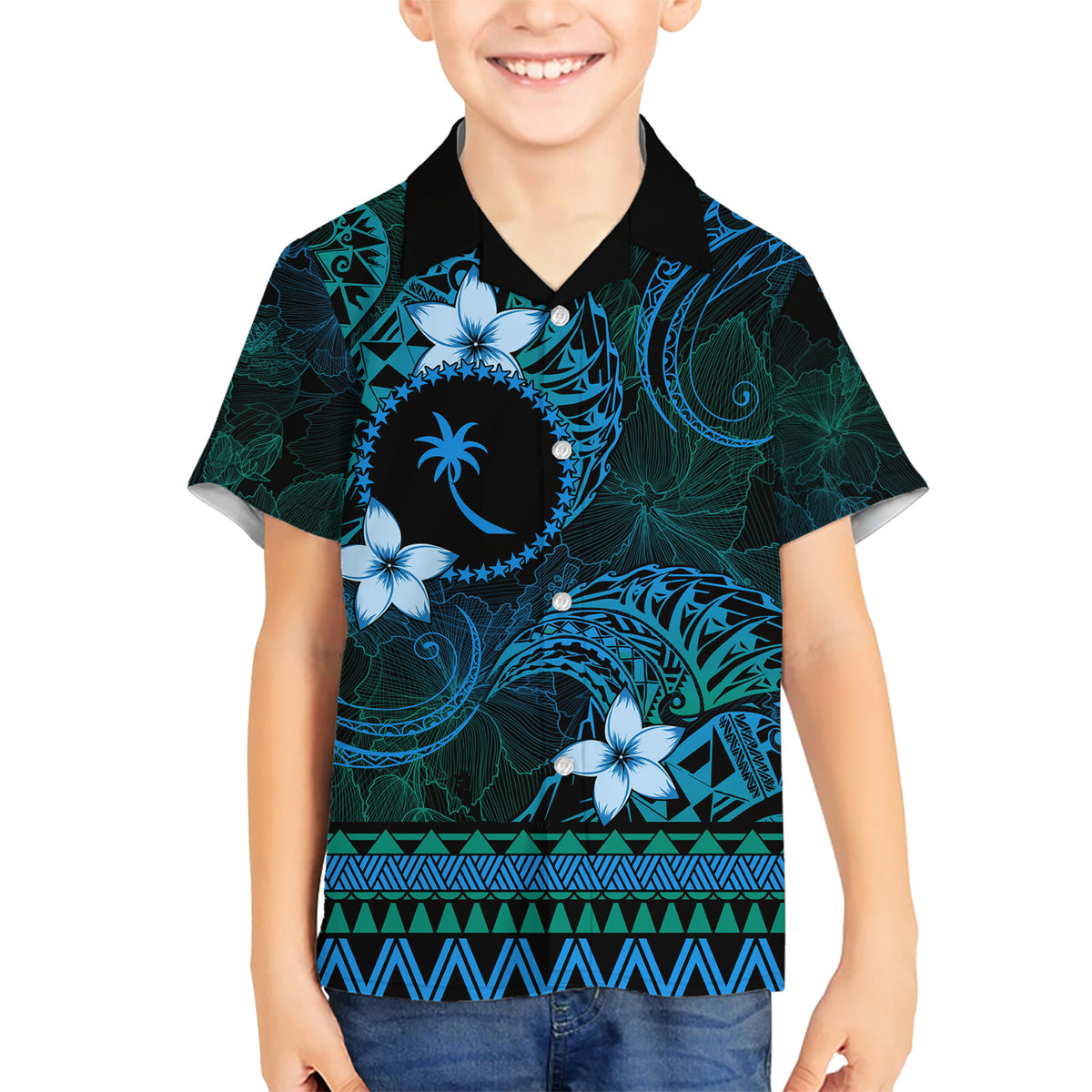 FSM Chuuk State Family Matching Short Sleeve Bodycon Dress and Hawaiian Shirt Tribal Pattern Ocean Version LT01 Son's Shirt Blue - Polynesian Pride