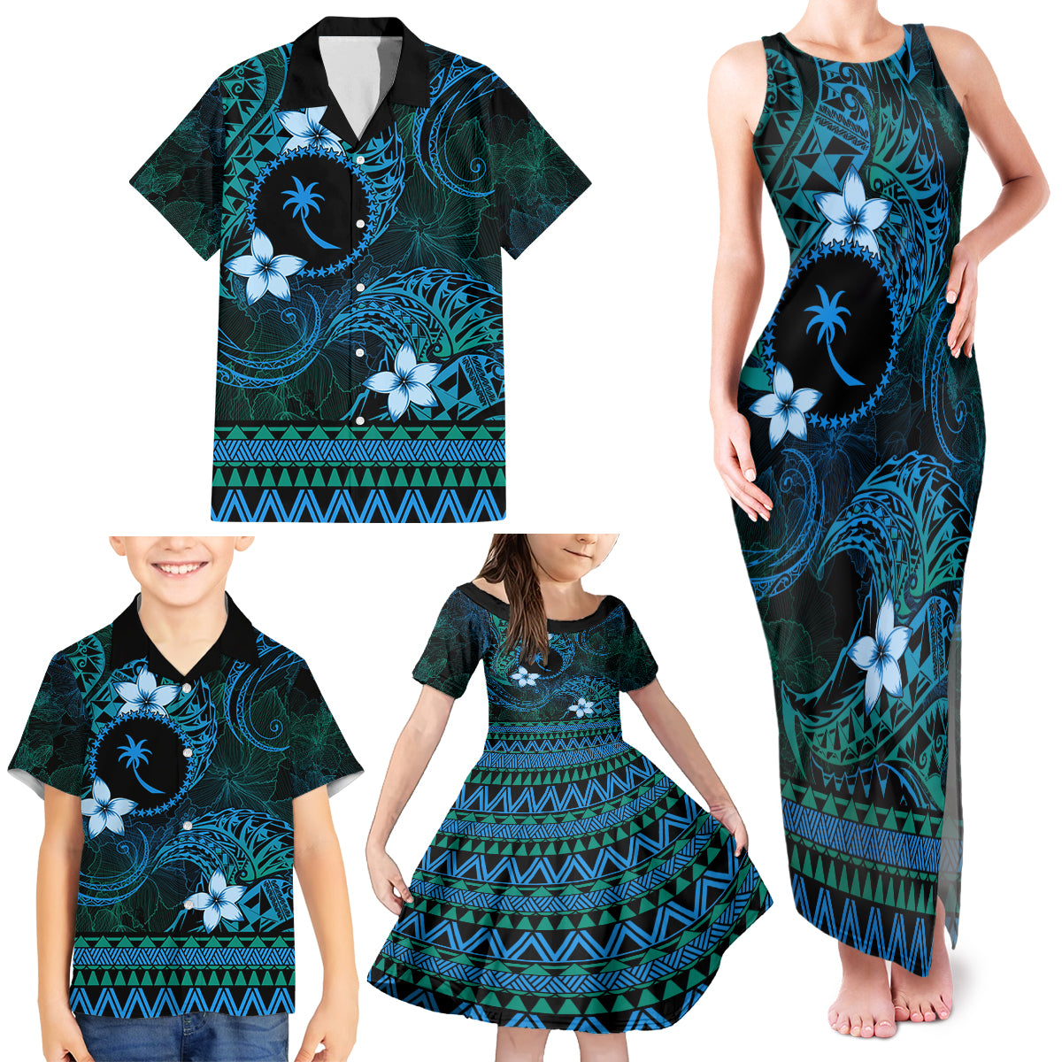 FSM Chuuk State Family Matching Tank Maxi Dress and Hawaiian Shirt Tribal Pattern Ocean Version LT01 - Polynesian Pride