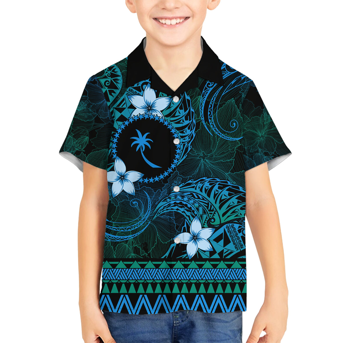 FSM Chuuk State Family Matching Tank Maxi Dress and Hawaiian Shirt Tribal Pattern Ocean Version LT01 Son's Shirt Blue - Polynesian Pride