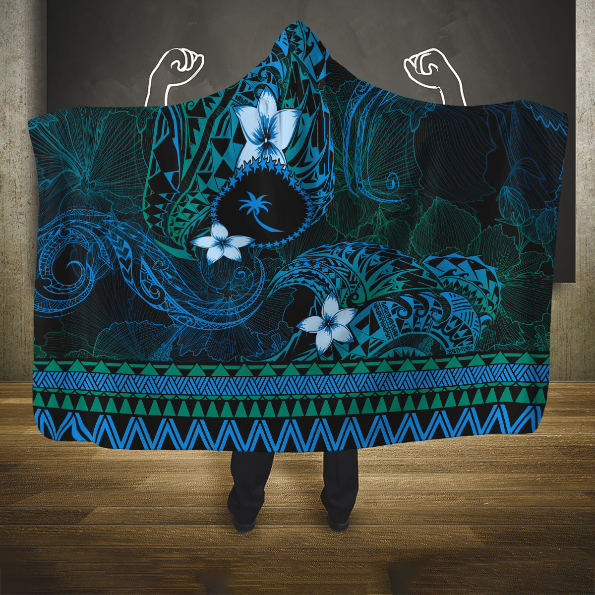 FSM Chuuk State Hooded Blanket Tribal Pattern Ocean Version LT01 One Size Blue - Polynesian Pride
