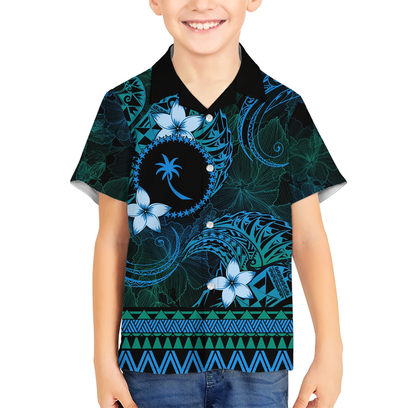FSM Chuuk State Kid Hawaiian Shirt Tribal Pattern Ocean Version LT01 Kid Blue - Polynesian Pride