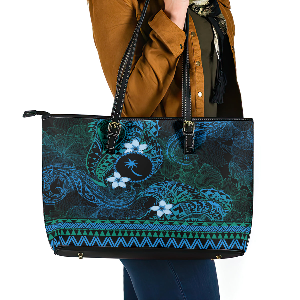 FSM Chuuk State Leather Tote Bag Tribal Pattern Ocean Version LT01 - Polynesian Pride