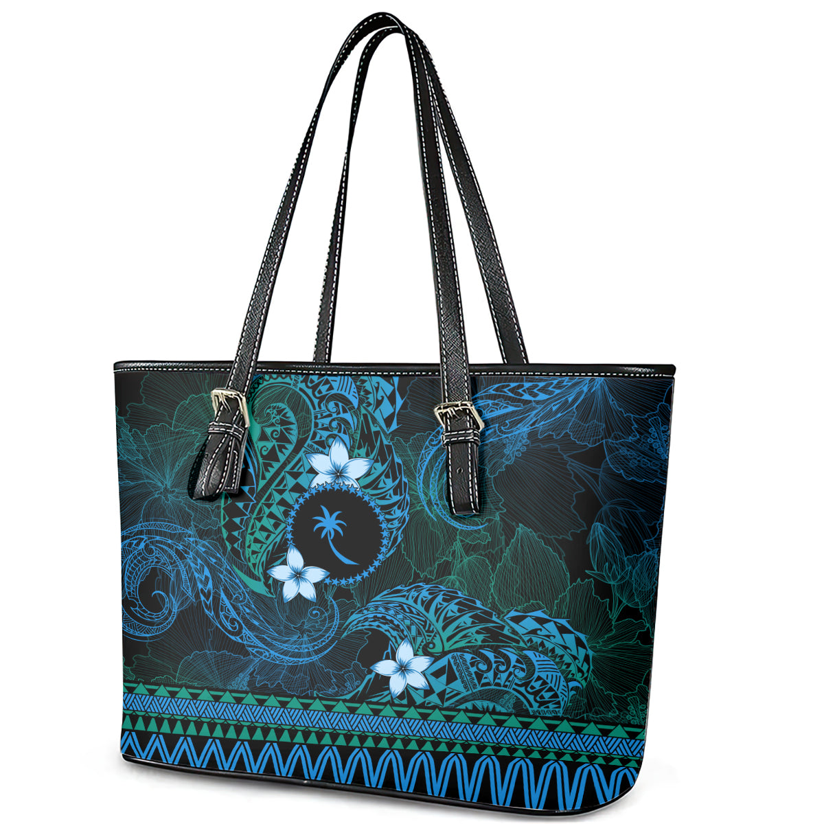 FSM Chuuk State Leather Tote Bag Tribal Pattern Ocean Version LT01 - Polynesian Pride