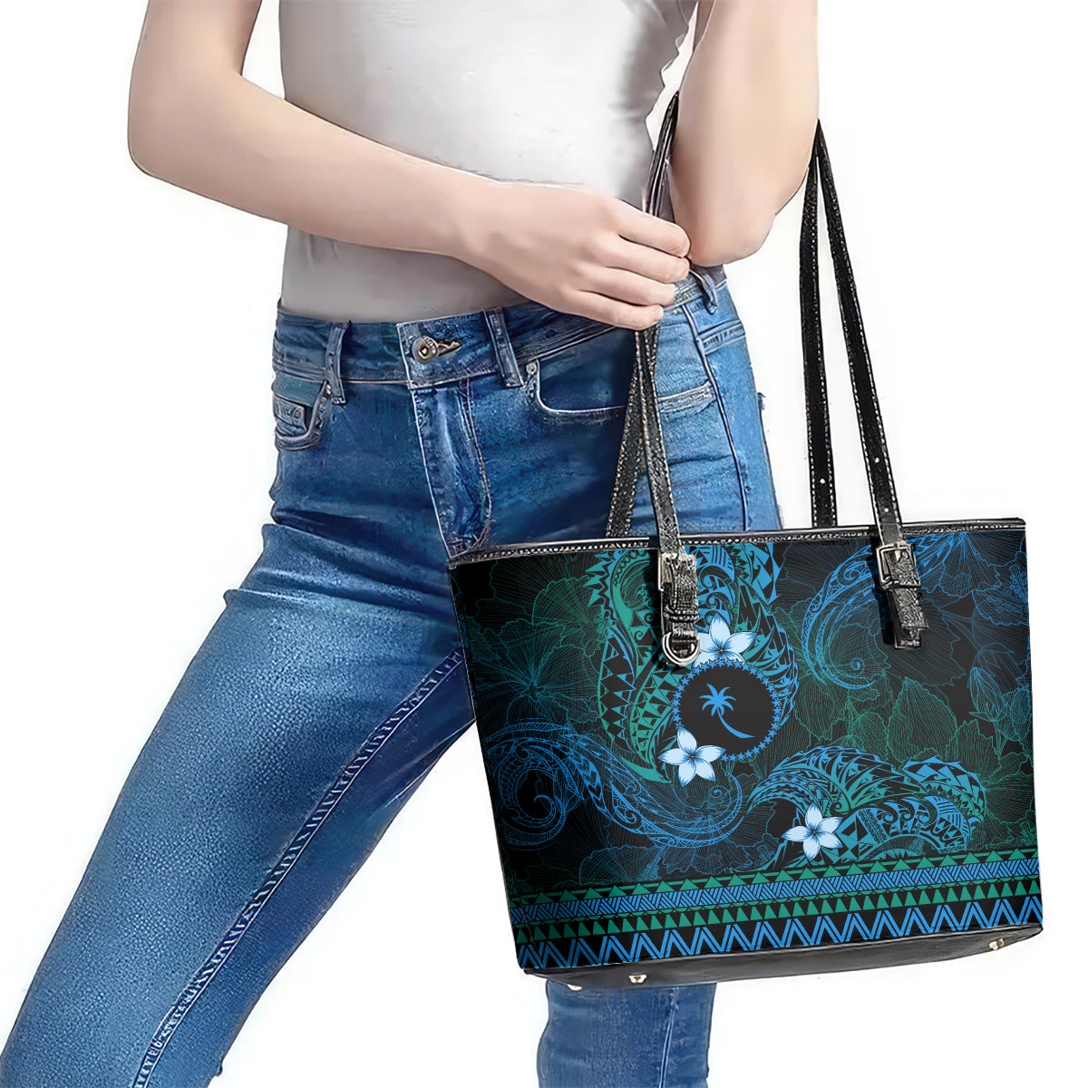 FSM Chuuk State Leather Tote Bag Tribal Pattern Ocean Version LT01 - Polynesian Pride
