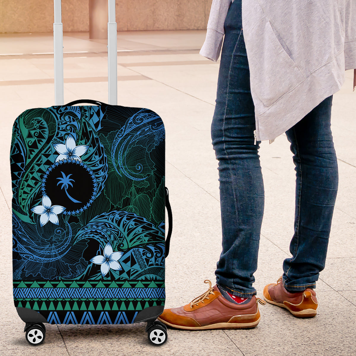 FSM Chuuk State Luggage Cover Tribal Pattern Ocean Version