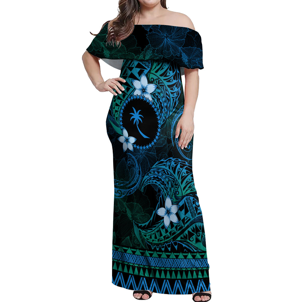 FSM Chuuk State Off Shoulder Maxi Dress Tribal Pattern Ocean Version LT01 Women Blue - Polynesian Pride