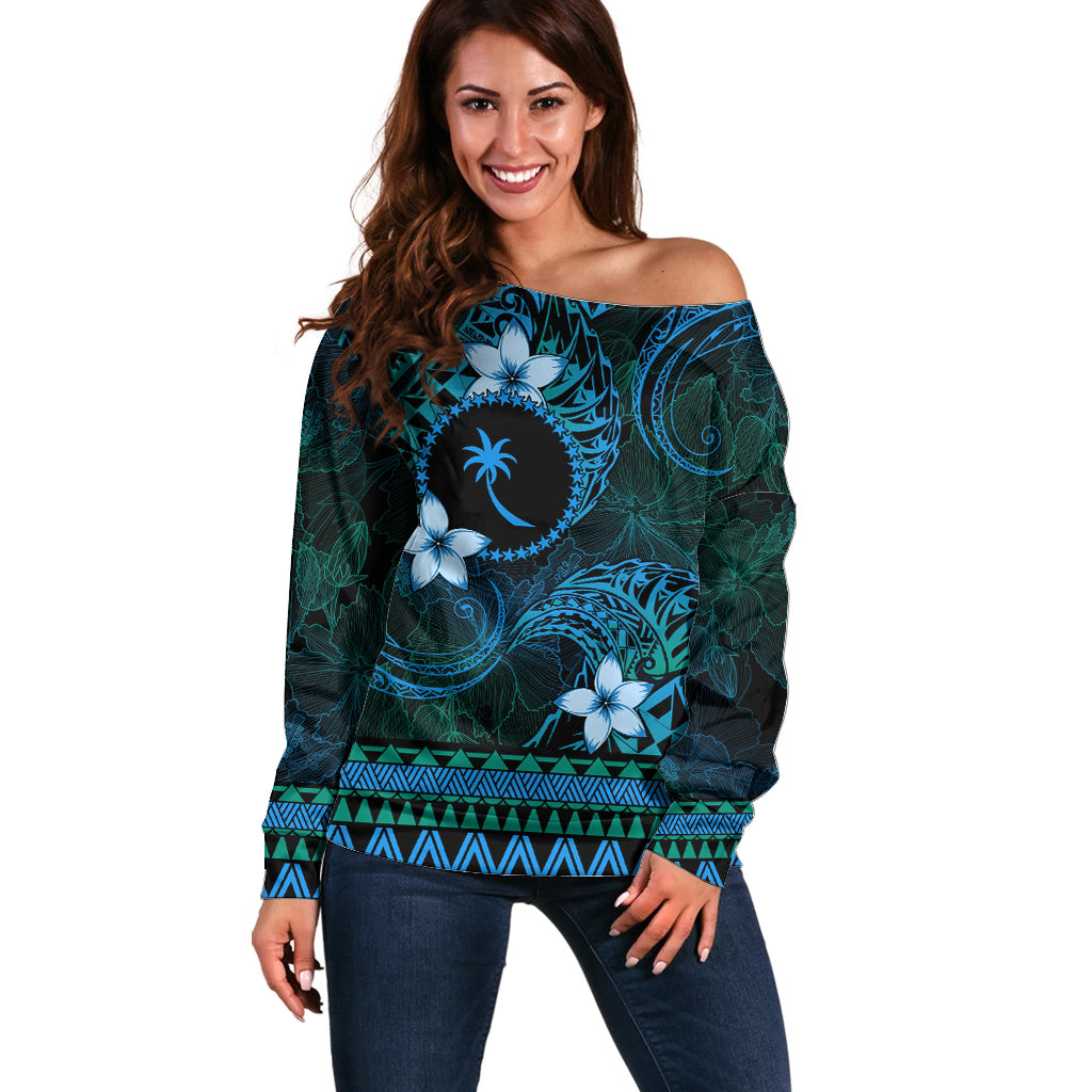 FSM Chuuk State Off Shoulder Sweater Tribal Pattern Ocean Version LT01 Women Blue - Polynesian Pride