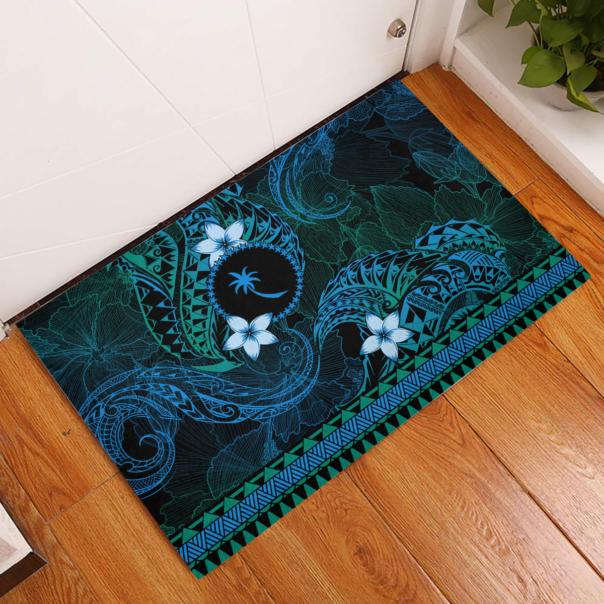 FSM Chuuk State Rubber Doormat Tribal Pattern Ocean Version LT01 Blue - Polynesian Pride