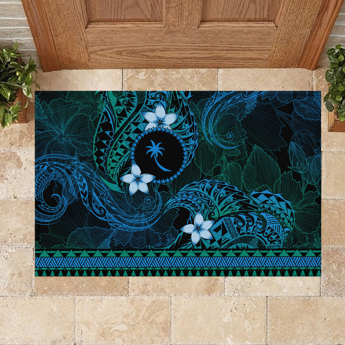 FSM Chuuk State Rubber Doormat Tribal Pattern Ocean Version LT01 - Polynesian Pride