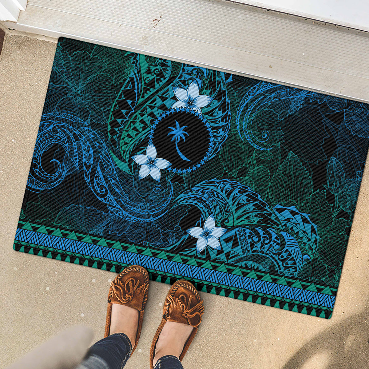 FSM Chuuk State Rubber Doormat Tribal Pattern Ocean Version LT01 - Polynesian Pride