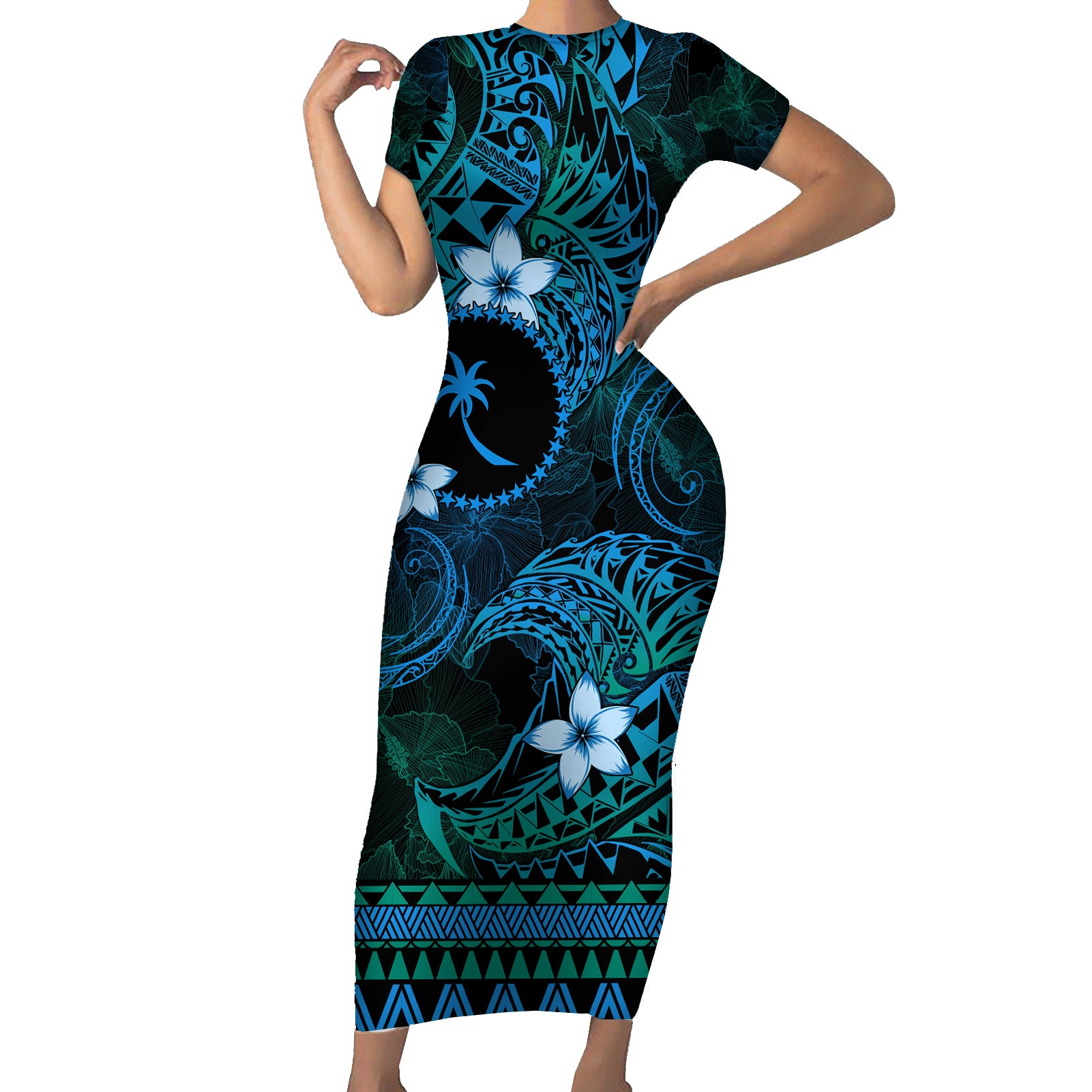 FSM Chuuk State Short Sleeve Bodycon Dress Tribal Pattern Ocean Version LT01 Long Dress Blue - Polynesian Pride