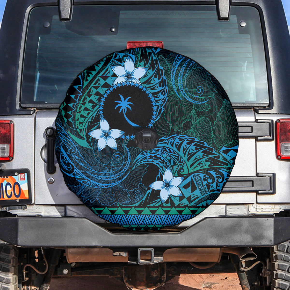 FSM Chuuk State Spare Tire Cover Tribal Pattern Ocean Version