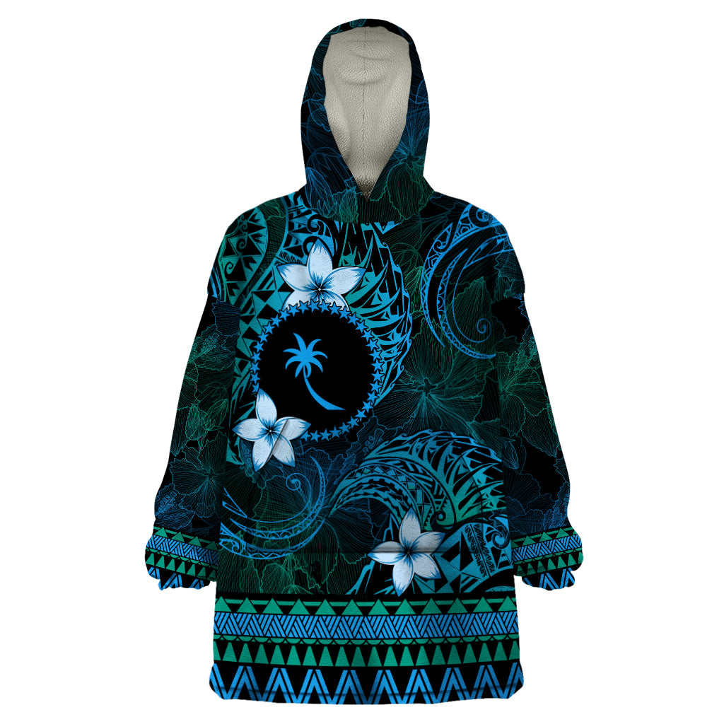 FSM Chuuk State Wearable Blanket Hoodie Tribal Pattern Ocean Version LT01 One Size Blue - Polynesian Pride