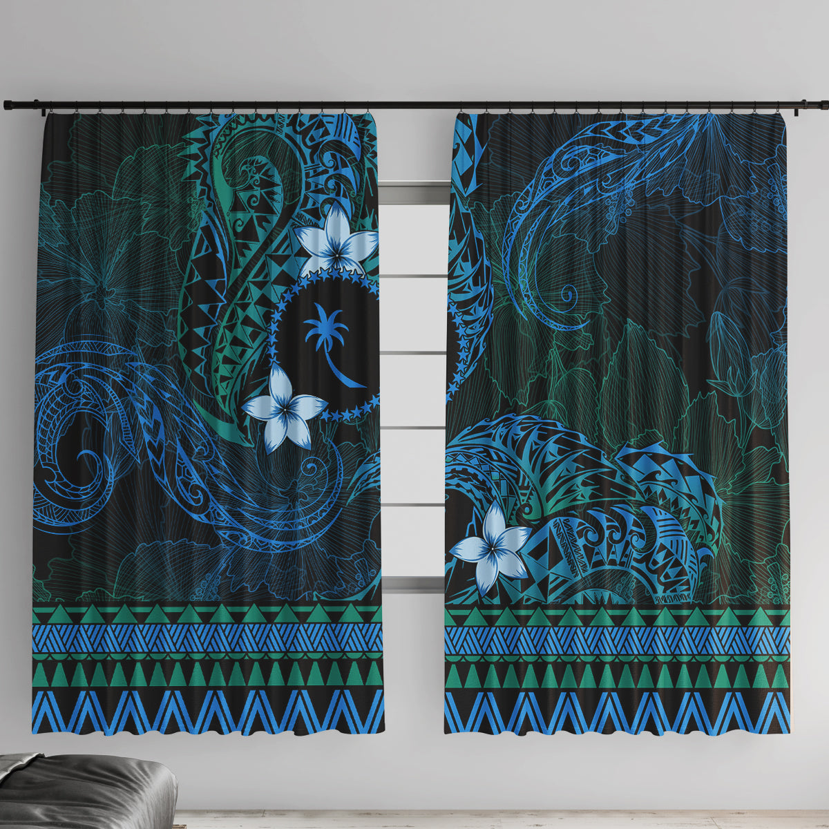 FSM Chuuk State Window Curtain Tribal Pattern Ocean Version