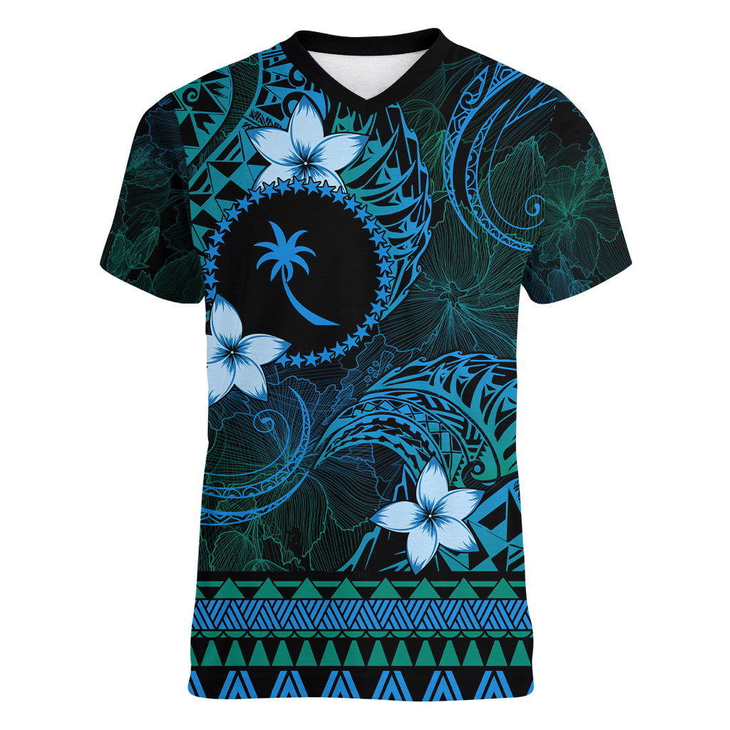 FSM Chuuk State Women V Neck T Shirt Tribal Pattern Ocean Version LT01 Female Blue - Polynesian Pride