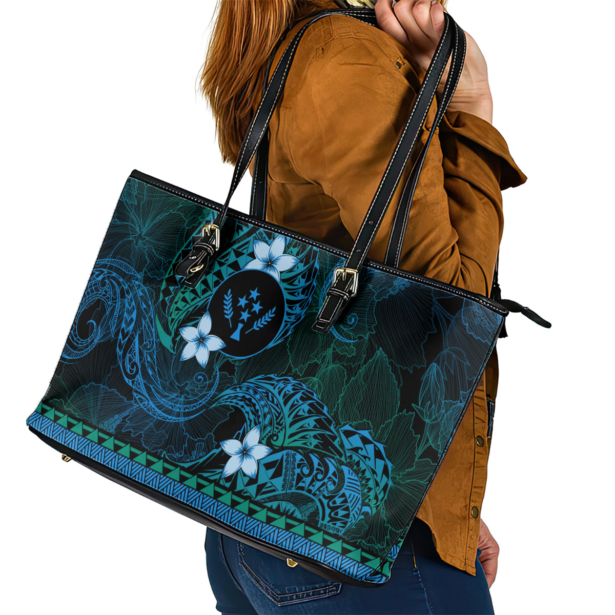 FSM Kosrae State Leather Tote Bag Tribal Pattern Ocean Version