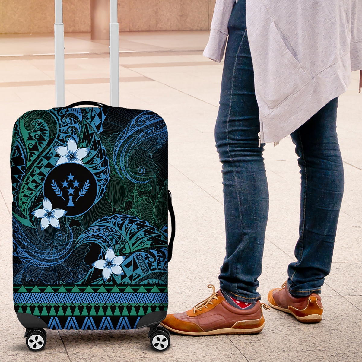 FSM Kosrae State Luggage Cover Tribal Pattern Ocean Version LT01 Blue - Polynesian Pride