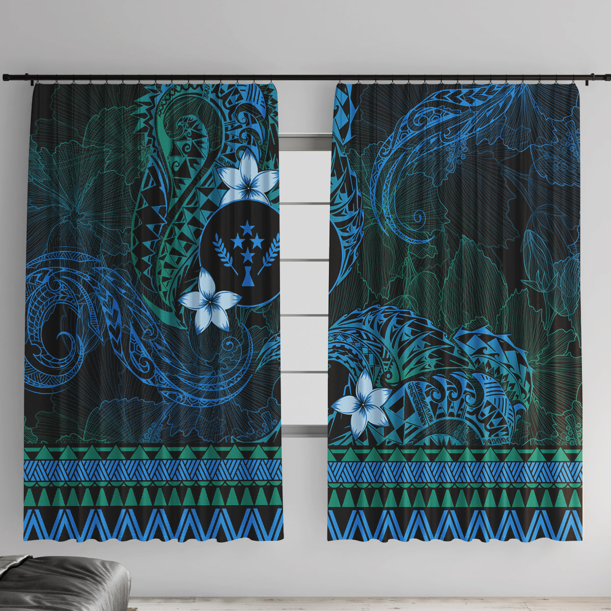 FSM Kosrae State Window Curtain Tribal Pattern Ocean Version LT01 With Hooks Blue - Polynesian Pride
