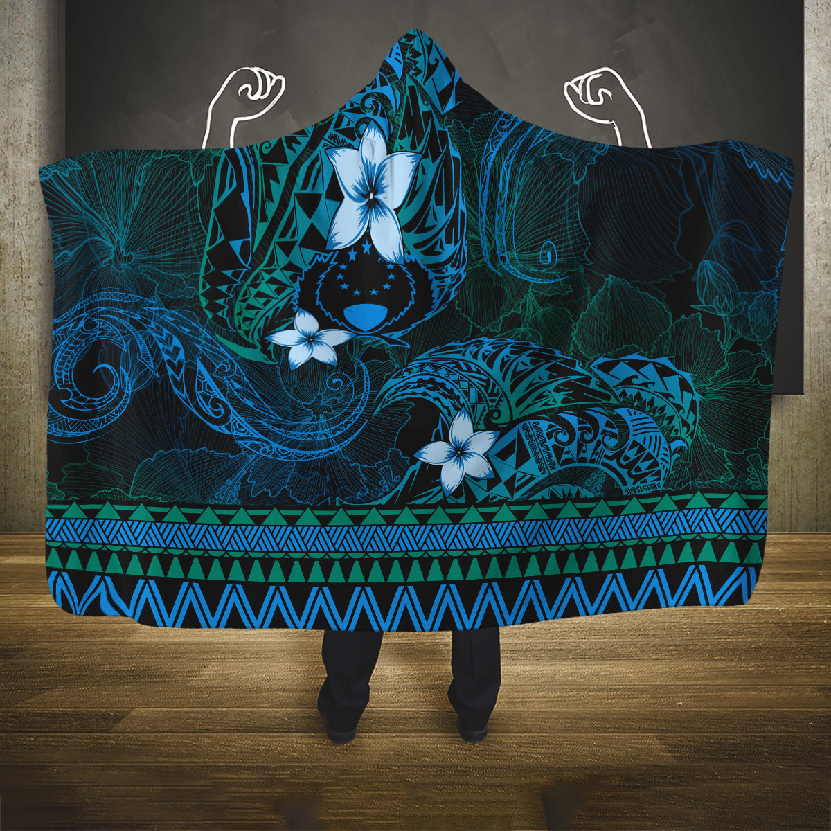 FSM Pohnpei State Hooded Blanket Tribal Pattern Ocean Version LT01 One Size Blue - Polynesian Pride