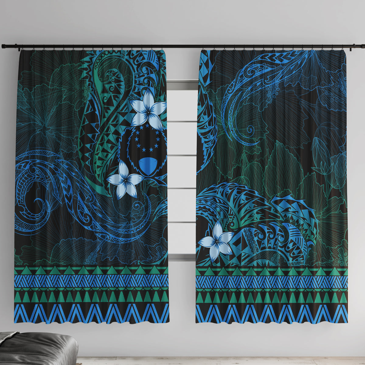 FSM Pohnpei State Window Curtain Tribal Pattern Ocean Version LT01 With Hooks Blue - Polynesian Pride
