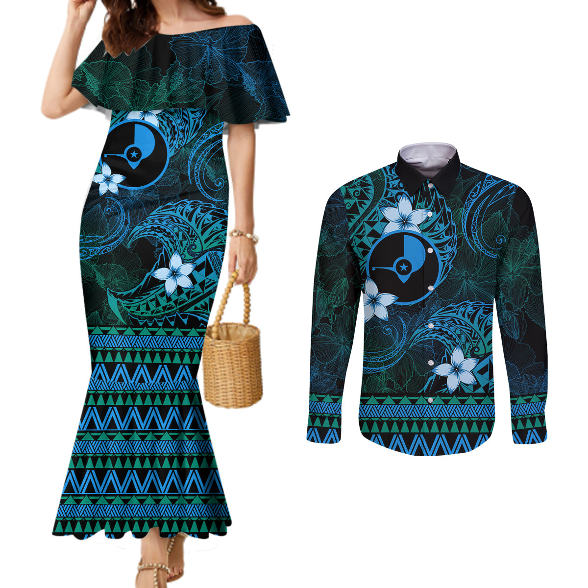 FSM Yap State Couples Matching Mermaid Dress and Long Sleeve Button Shirt Tribal Pattern Ocean Version LT01 Blue - Polynesian Pride
