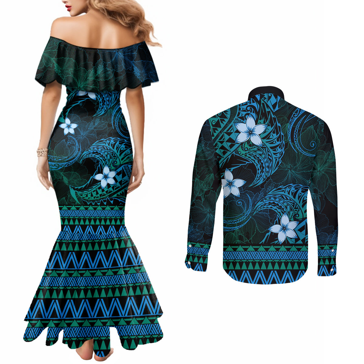 FSM Yap State Couples Matching Mermaid Dress and Long Sleeve Button Shirt Tribal Pattern Ocean Version LT01 - Polynesian Pride
