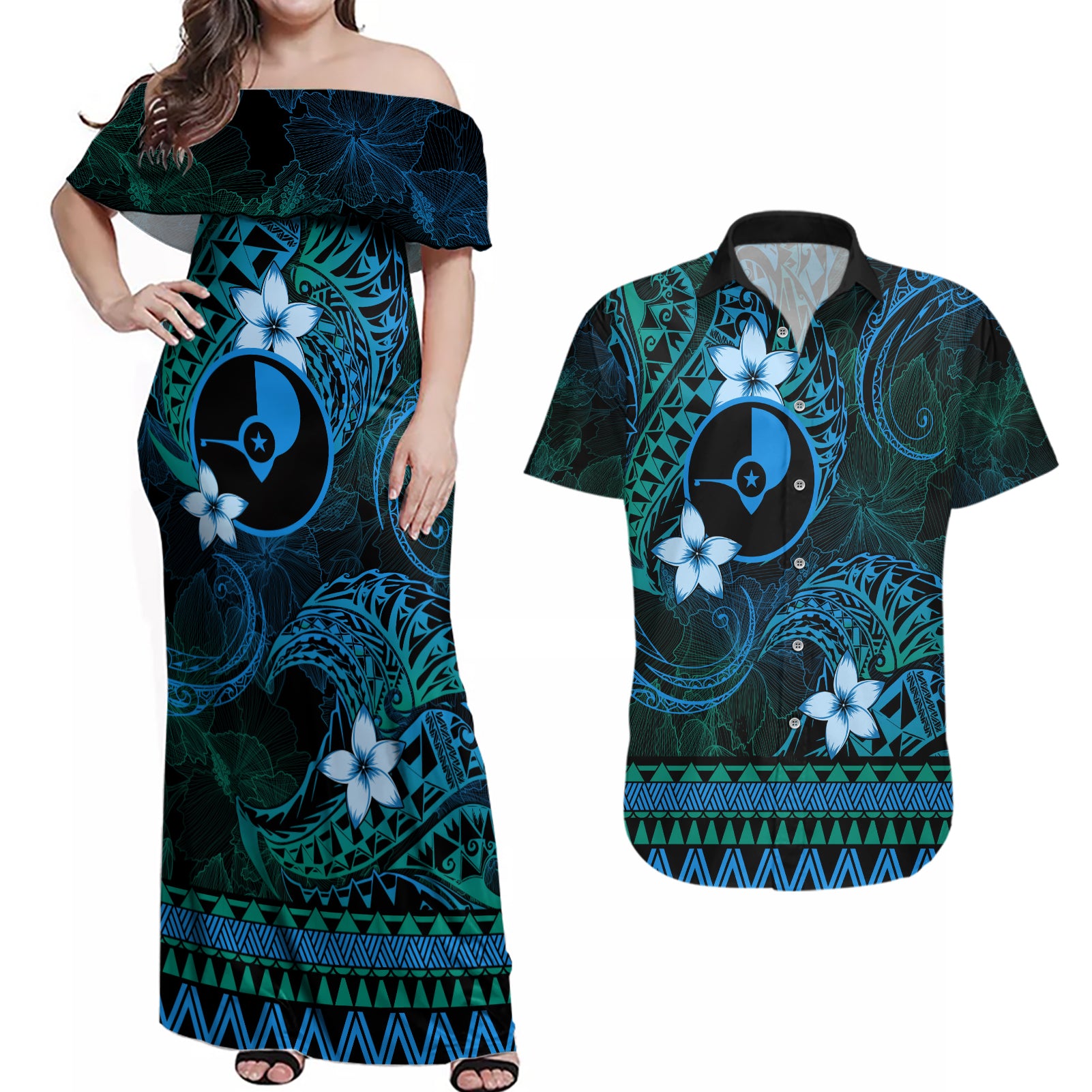 FSM Yap State Couples Matching Off Shoulder Maxi Dress and Hawaiian Shirt Tribal Pattern Ocean Version LT01 Blue - Polynesian Pride