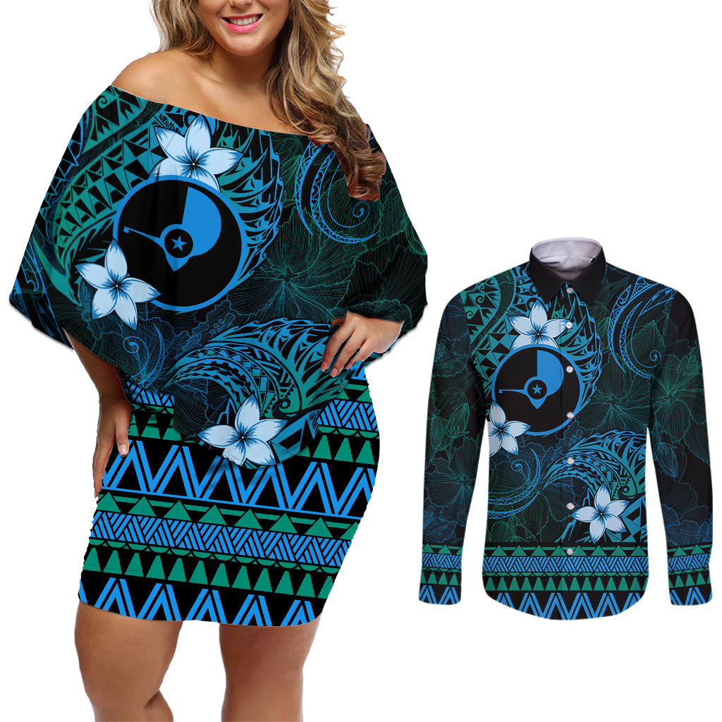 FSM Yap State Couples Matching Off Shoulder Short Dress and Long Sleeve Button Shirt Tribal Pattern Ocean Version LT01 Blue - Polynesian Pride