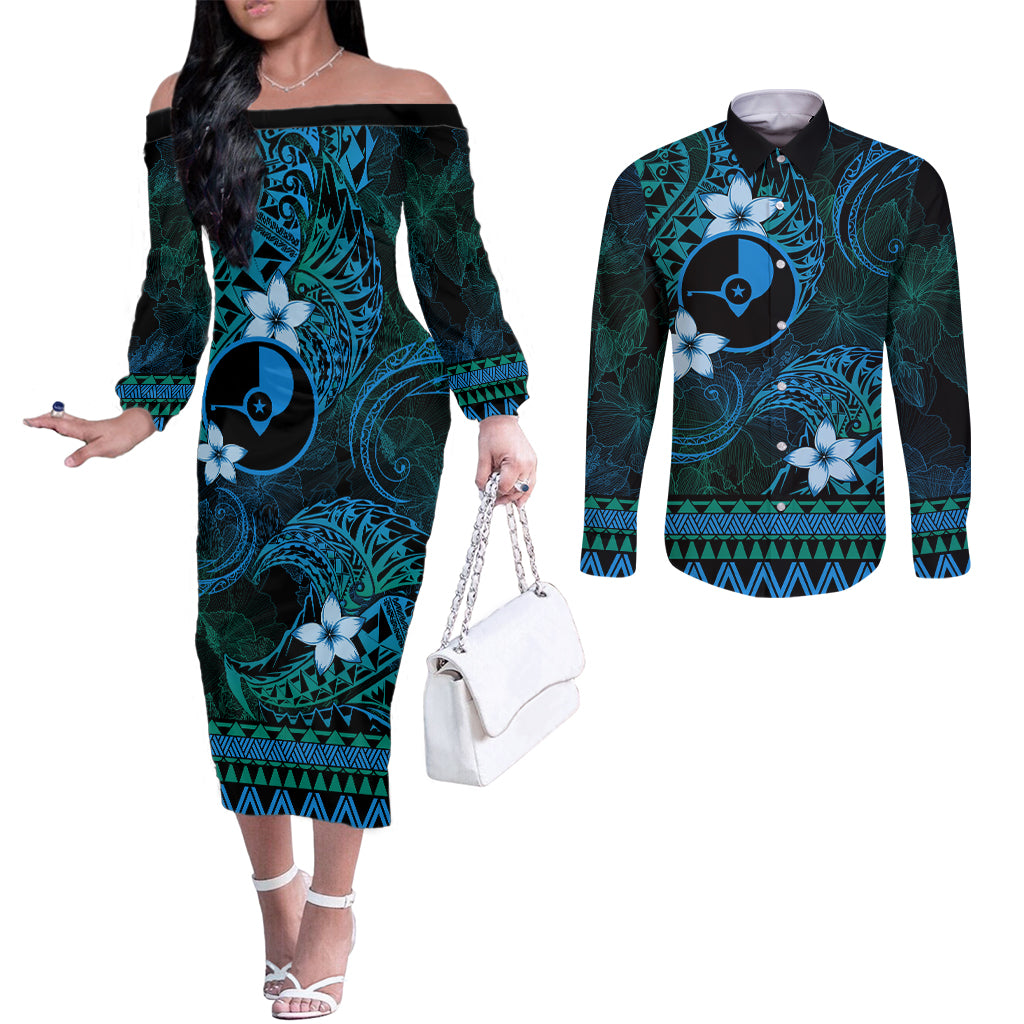 FSM Yap State Couples Matching Off The Shoulder Long Sleeve Dress and Long Sleeve Button Shirt Tribal Pattern Ocean Version LT01 Blue - Polynesian Pride