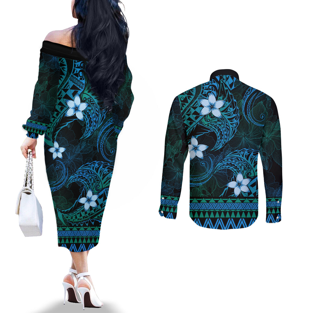 FSM Yap State Couples Matching Off The Shoulder Long Sleeve Dress and Long Sleeve Button Shirt Tribal Pattern Ocean Version LT01 - Polynesian Pride