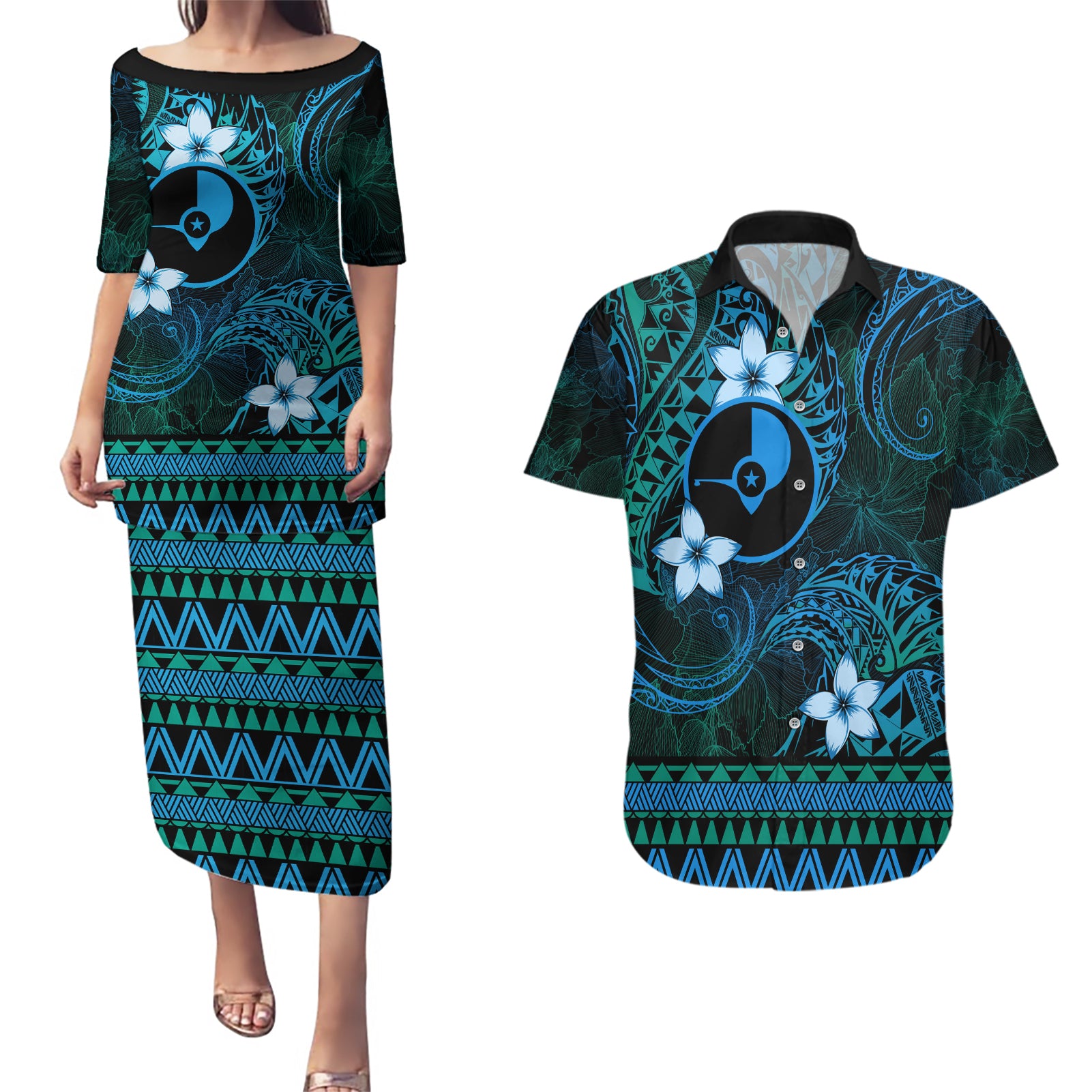 FSM Yap State Couples Matching Puletasi and Hawaiian Shirt Tribal Pattern Ocean Version LT01 Blue - Polynesian Pride