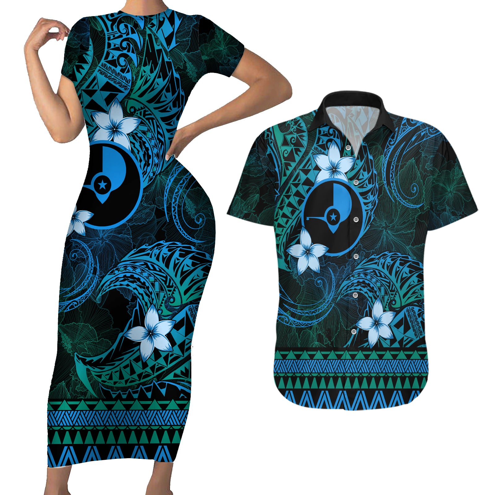 FSM Yap State Couples Matching Short Sleeve Bodycon Dress and Hawaiian Shirt Tribal Pattern Ocean Version LT01 Blue - Polynesian Pride