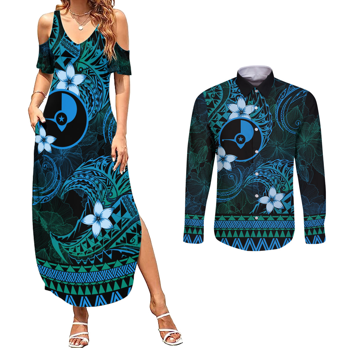 FSM Yap State Couples Matching Summer Maxi Dress and Long Sleeve Button Shirt Tribal Pattern Ocean Version LT01 Blue - Polynesian Pride