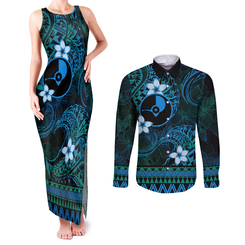 FSM Yap State Couples Matching Tank Maxi Dress and Long Sleeve Button Shirt Tribal Pattern Ocean Version LT01 Blue - Polynesian Pride