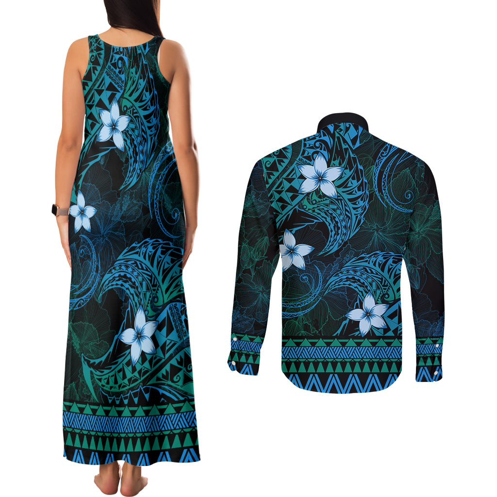 FSM Yap State Couples Matching Tank Maxi Dress and Long Sleeve Button Shirt Tribal Pattern Ocean Version LT01 - Polynesian Pride