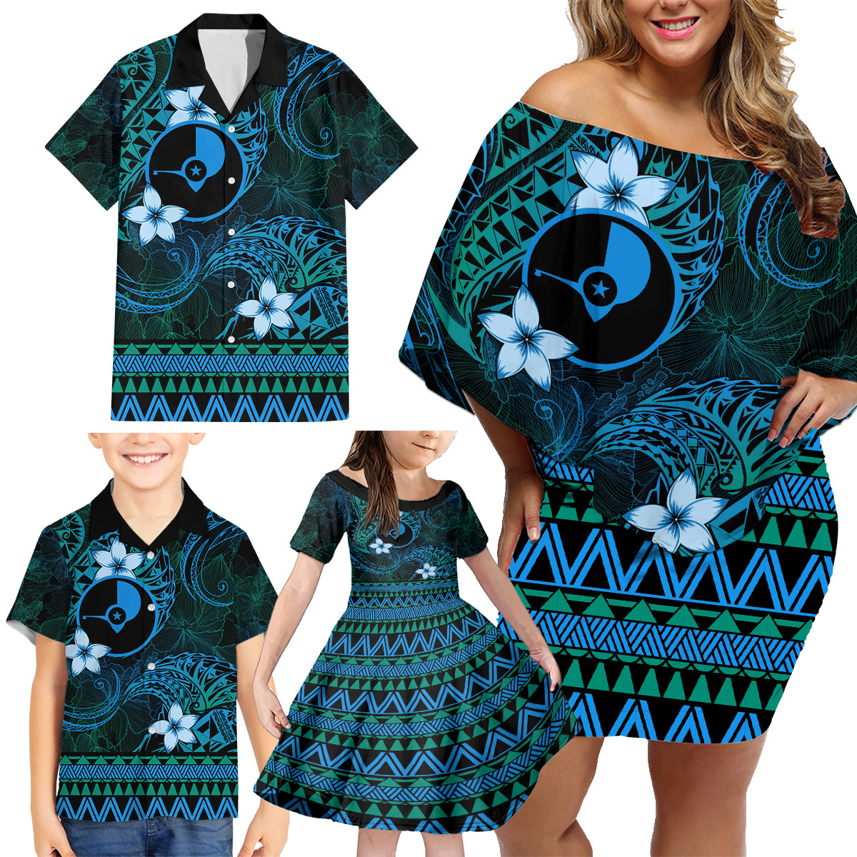 FSM Yap State Family Matching Off Shoulder Short Dress and Hawaiian Shirt Tribal Pattern Ocean Version LT01 - Polynesian Pride