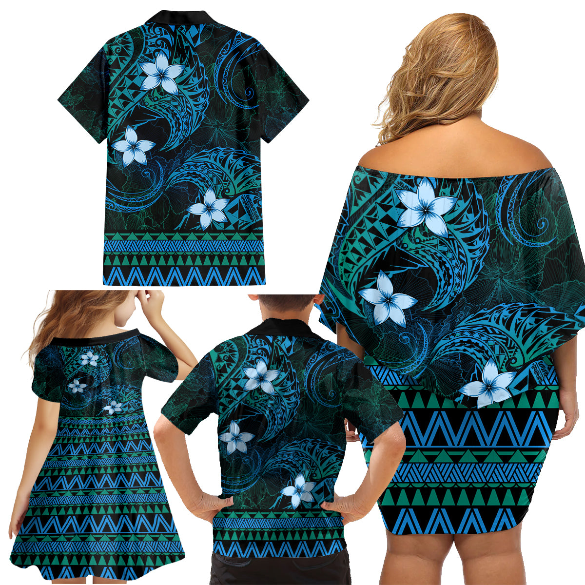 FSM Yap State Family Matching Off Shoulder Short Dress and Hawaiian Shirt Tribal Pattern Ocean Version LT01 - Polynesian Pride