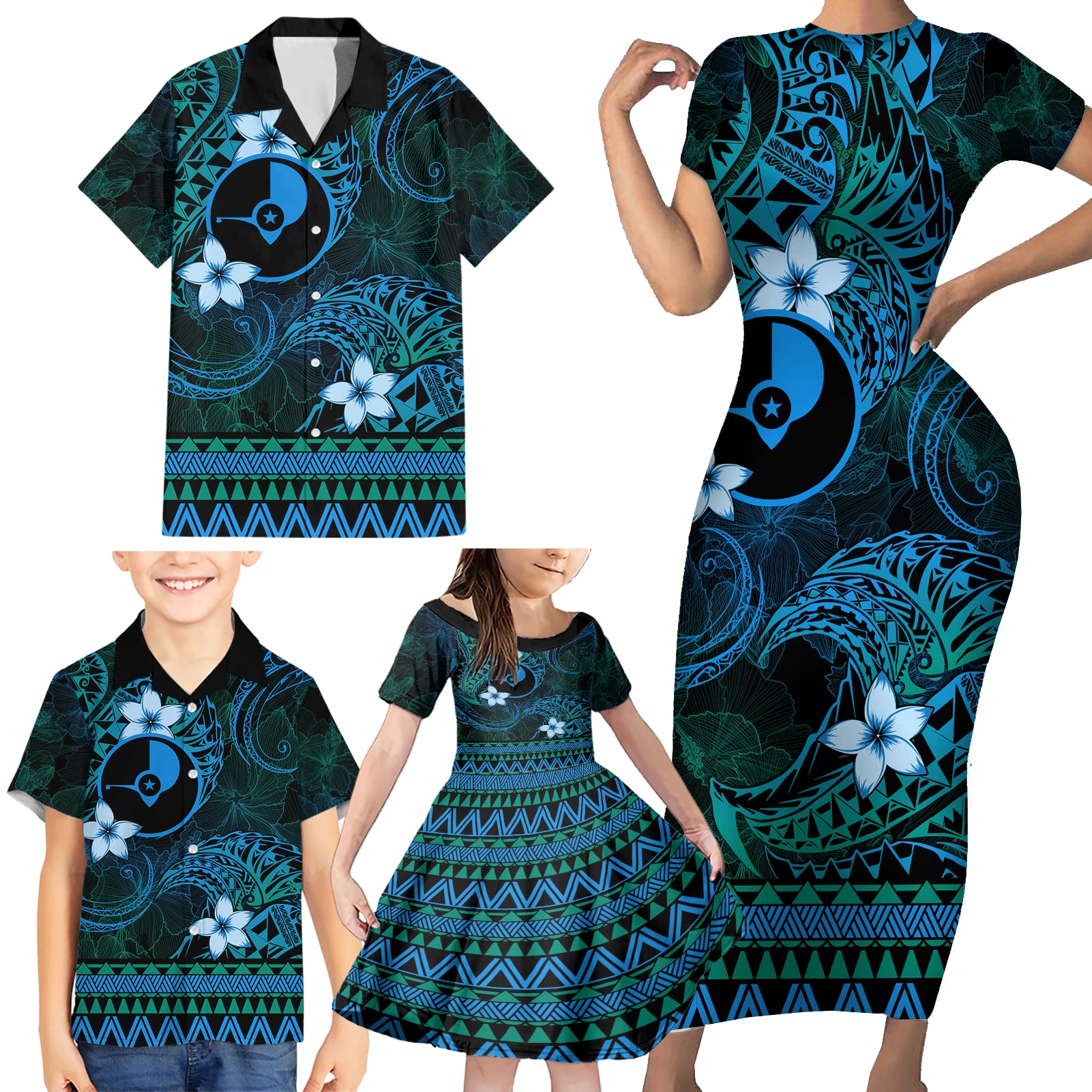 FSM Yap State Family Matching Short Sleeve Bodycon Dress and Hawaiian Shirt Tribal Pattern Ocean Version LT01 - Polynesian Pride