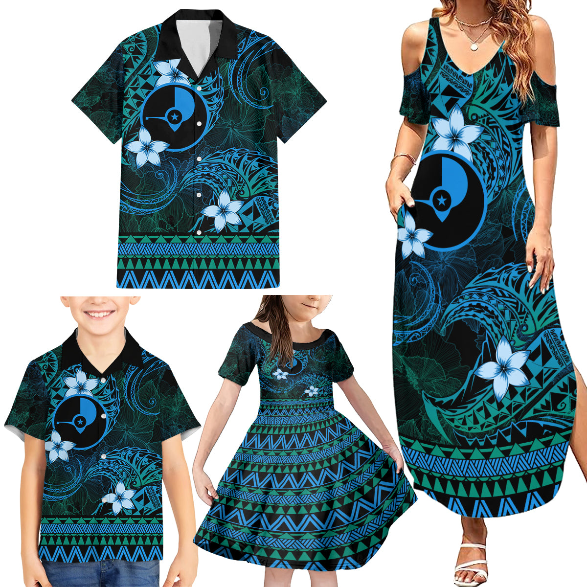 FSM Yap State Family Matching Summer Maxi Dress and Hawaiian Shirt Tribal Pattern Ocean Version LT01 - Polynesian Pride