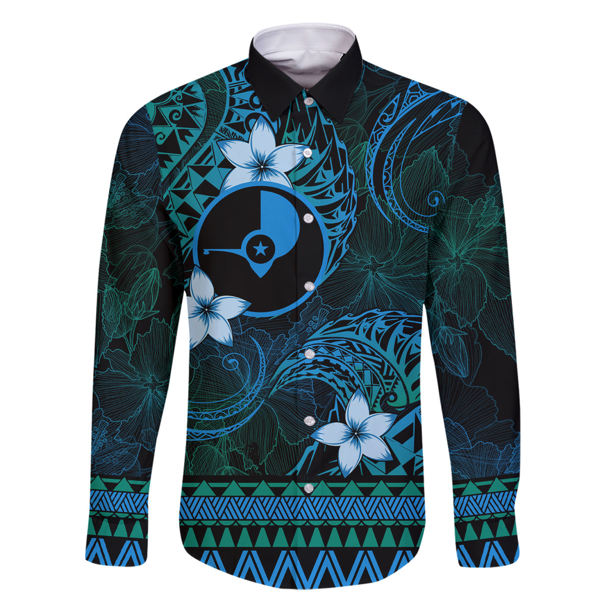 FSM Yap State Family Matching Summer Maxi Dress and Hawaiian Shirt Tribal Pattern Ocean Version LT01 Dad's Shirt - Long Sleeve Blue - Polynesian Pride