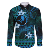 FSM Yap State Family Matching Summer Maxi Dress and Hawaiian Shirt Tribal Pattern Ocean Version LT01 Dad's Shirt - Long Sleeve Blue - Polynesian Pride